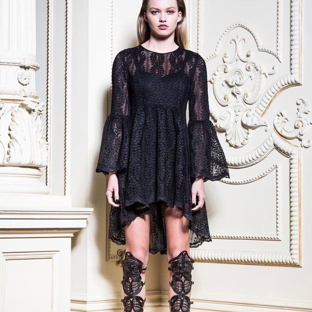 ASILIO Sailing Venice Bohemian Black Long Bell Sleeve Lace Mini Cocktail Dress 4